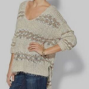 Free People Linus Stripe Oversized V-Neck Sweater With A Fuzzy Eyelash Texture
